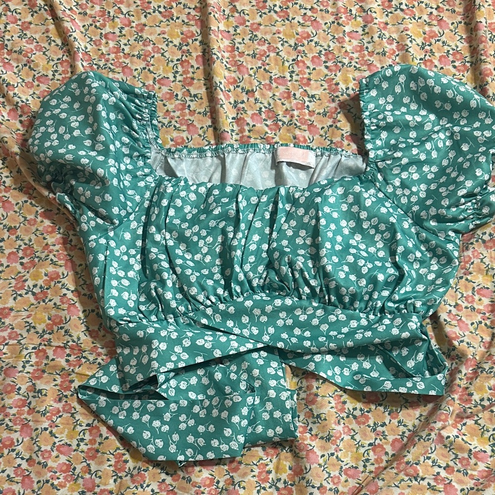 Chic Floral Puff Sleeve Blouse in Teal